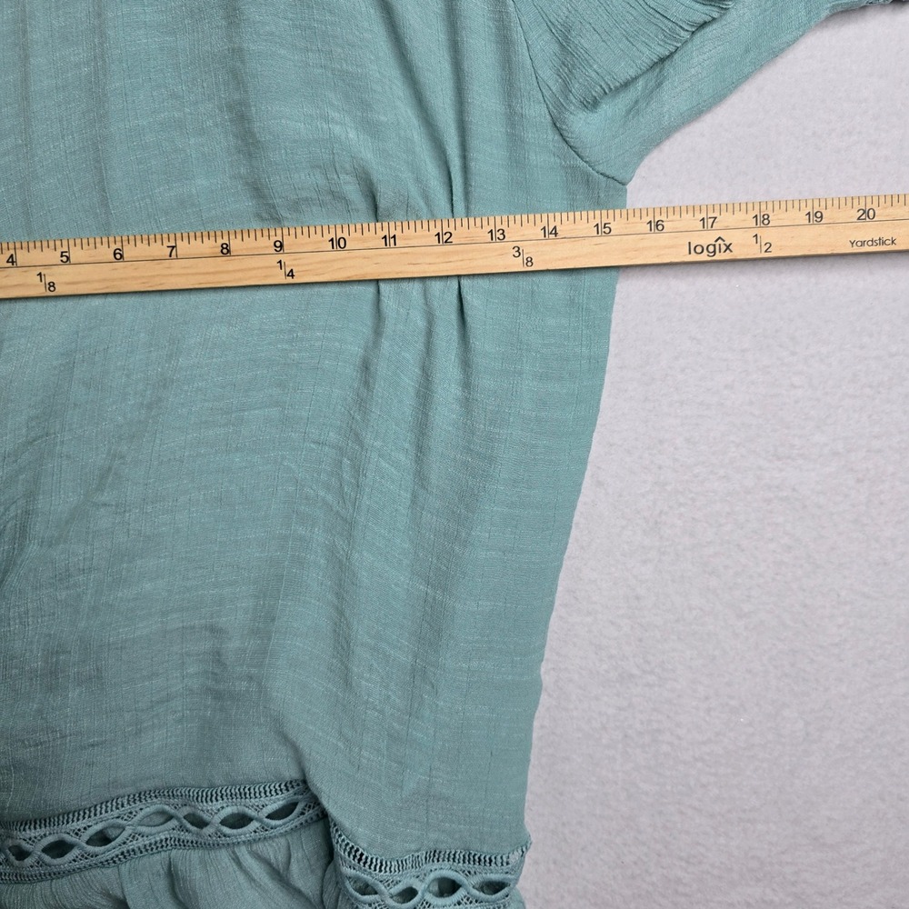 NEW DIRECTIONS Teal Crinkle Gauze Boho Tiered Ruffle Dress Crochet Trim Size L - Picture 4 of 7